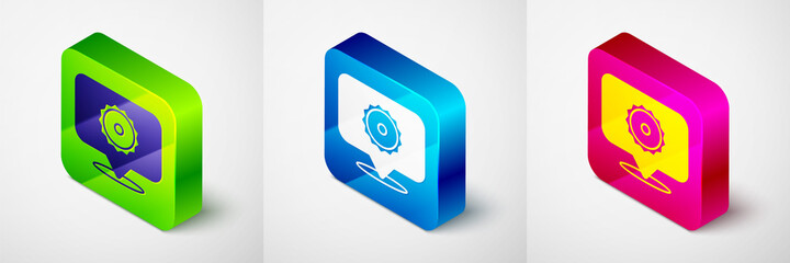 Isometric Circular saw blade icon isolated on grey background. Saw wheel. Square button. Vector
