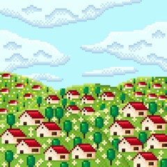Landscape pixel art. Location with mountains, grass and clouds. Vector picture. Mountain pixel art. Village on the valley.