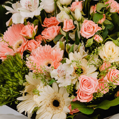 Bouquet of flowers with eustoma, alstroemeria, mini rosa, gerbera and carnations diantus.