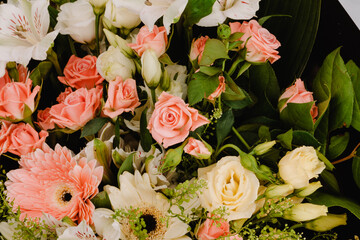 Bouquet of flowers with eustoma, alstroemeria, mini rosa, gerbera and carnations diantus.