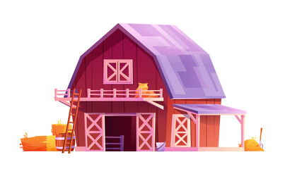 Red wooden barn with triangular gray roof, windows and open doors with white boards isolated rural house. Vector stables, barnyard with gates and hay, barrel. Farmhouse building, shelter warehouse - obrazy, fototapety, plakaty