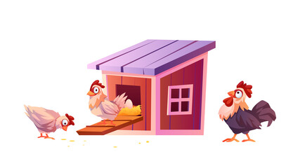 Chicken coop, cartoon warnhouse for hens and roosters isolated. Vector chick carry eggs in nest, hen farm illustration. Poultry yard, domestic birdhouse. Henhouse, hennery agriculture concept © Sensvector