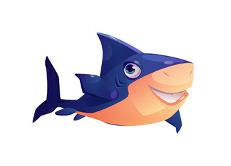 Cute toothed shark isolated cartoon underwater animal, childish character with eyes and broad smile. Vector blue toothy shark mascot, dangerous creature l with jaws, giant marine scary predator fish