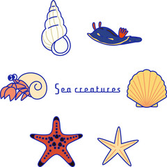 貝殻やウミウシなど複数の海の生き物のイラスト
