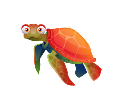 Turtle cartoon character emoticon with big eyes isolated reptile childish toy mascot. Vector brown-reddish sea marine underwater animal. Aquarium or tank pet, kids freshwater or ocean creature