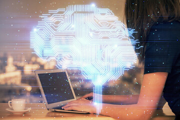 Multi exposure of woman hands working on computer and human brain hologram drawing. Ai tech concept.