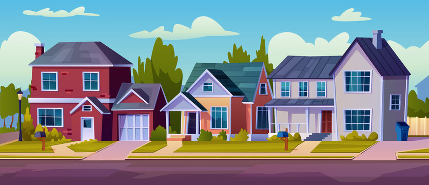 Rural cottages, suburban street with modern buildings and green trees. Vector real estate apartments, facade exterior of urban houses constructions. City architecture, village homes with garage
