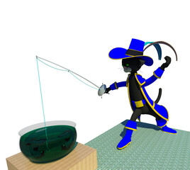 Puss in boots home fishing 3D illustration. A black cat character disguised as fairy tale hero using his rapier to catch fish from aquarium. Collection.