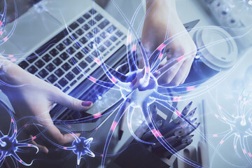Double exposure of woman hands typing on computer and neuron drawing. Education concept.