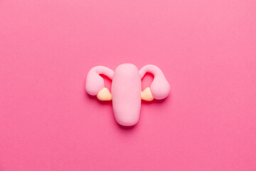 Healthy female uterus on pink background. Gynecological diseases and pain treatment. Reproductive system and pregnancy.