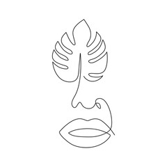 Abstract one line woman drawing face with monstera leaf. Minimalism outline modern art. Female beauty contour portrait. Linear vector illustration isolated on white background - obrazy, fototapety, plakaty