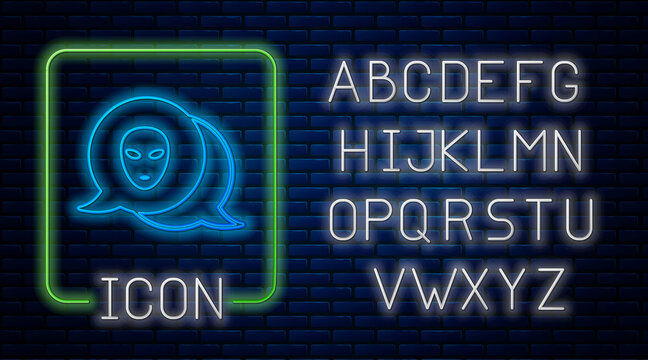 Glowing neon Alien icon isolated on brick wall background. Extraterrestrial alien face or head symbol. Neon light alphabet. Vector