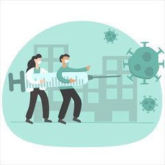 The drug protects the population from the COVID-19 Virus pathogen. Illustration of virus eradication by vaccination, flat design illustration, conceptual treatment vaccination