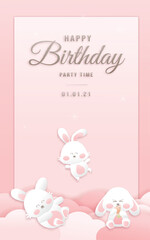 Decorated birthday card beautiful bunny on could paper style, paper cut, and papercraft. Online shop banners discount pink color Birthday Theme. Vector illustration.