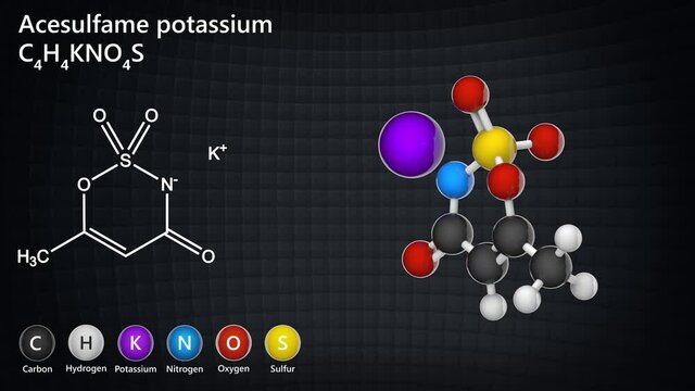 Acesulfame potassium (Acesulfame K), formula: C4H4KNO4S, artificial sweetener, E950 food additive. 3D render. Seamless loop. Chemical structure model: Ball and Stick.