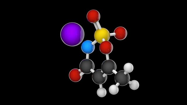Acesulfame potassium (Acesulfame K), formula: C4H4KNO4S, artificial sweetener, E950 food additive. 3D render. Seamless loop. Chemical structure model: Ball and Stick. RGB +Alpha (Transparent) channel