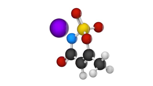 Acesulfame potassium (Acesulfame K), formula: C4H4KNO4S, artificial sweetener, E950 food additive. 3D render. Seamless loop. Chemical structure model: Ball and Stick. White background