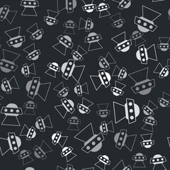 Grey UFO flying spaceship icon isolated seamless pattern on black background. Flying saucer. Alien space ship. Futuristic unknown flying object. Vector