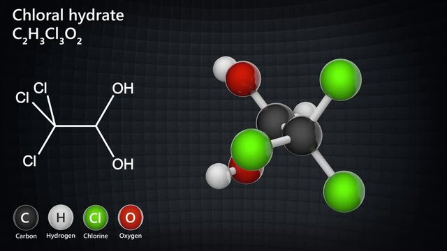 Chloral hydrate sedative and hypnotic drug molecule. C2H3Cl3O2. 3D render. Seamless loop. Chemical structure model: Ball and Stick.