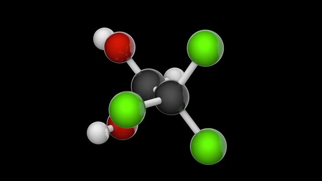 Chloral hydrate sedative and hypnotic drug molecule. C2H3Cl3O2. 3D render. Seamless loop. Chemical structure model: Ball and Stick. RGB + Alpha (Transparent) channel