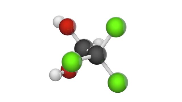 Chloral hydrate sedative and hypnotic drug molecule. C2H3Cl3O2. 3D render. Seamless loop. Chemical structure model: Ball and Stick. White background