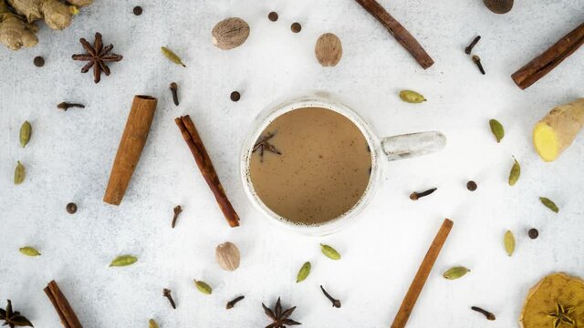 Stop motion animation video with spicy Indian Masala chai tea and ingredients.