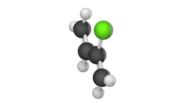 Structural chemical formula and molecular structure of Chloroprene(2-Chlorobuta-1,3-diene). C4H5Cl. 3D render. Seamless loop. Chemical structure model: Ball and Stick. White background
