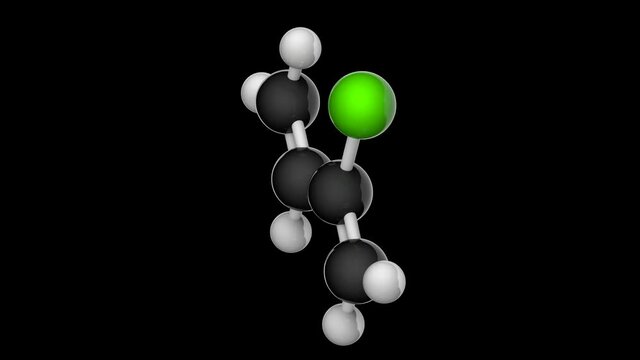 Structural chemical formula and molecular structure of Chloroprene(2-Chlorobuta-1,3-diene). C4H5Cl. 3D render. Seamless loop. RGB + Alpha (Transparent) channel