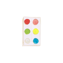 Watercolor palette with colors isolated in a white background. Colorful illustration of school supply for your design. Hand-drawn tool for creativity. Square plastic palette clipart.