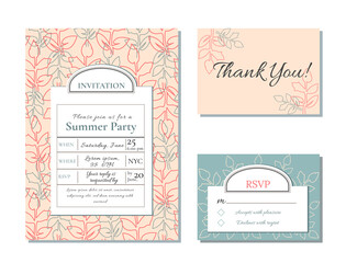 Vintage invitation template set. Old classic style. Design for wedding, greeting card, advertisement, label, poster or banner. Thank you card. RSVP