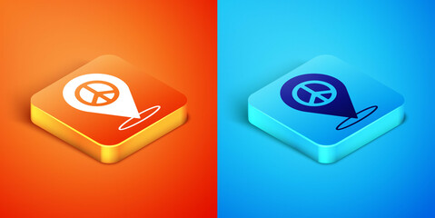 Isometric Location peace icon isolated on orange and blue background. Hippie symbol of peace. Vector