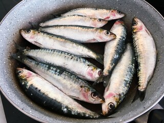 Sardinas frescas en un plato listo para cocinar. Las sardinas (Sardina pilchardus) son un pescado...