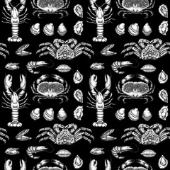 Seamless pattern with crab, lobster and oysters drawn by graphics. Texture for fabric, wrapping paper, postcards.