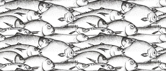 Seamless pattern with fish drawn by graphics. Texture for fabric, wrapping paper, postcards.