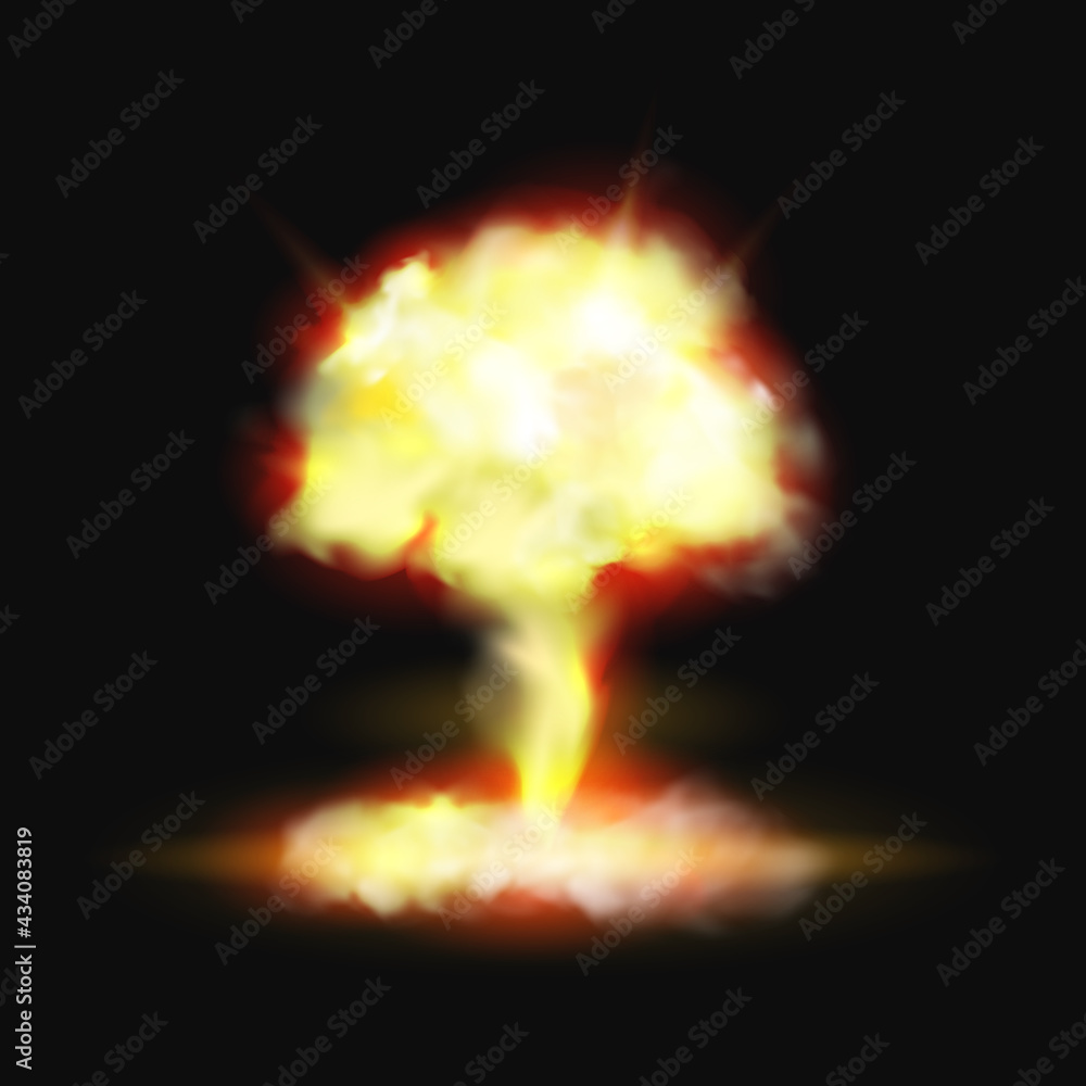 Poster mushroom fire explosion bomb or pyro burst realistic 3d effect on black background. vector fame and 