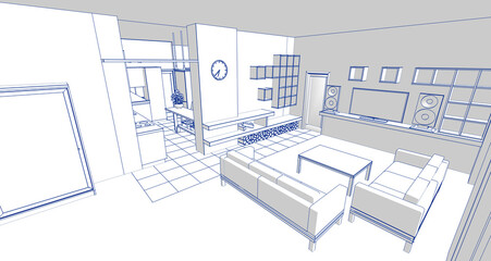 Fototapeta na wymiar house interior kitchen living room 3d rendering