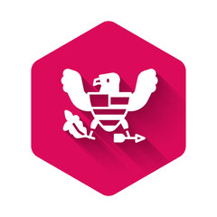 White Eagle icon isolated with long shadow background. American Presidential symbol. Pink hexagon button. Vector