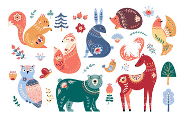 Scandinavian animals set Folk forest vector illustration
