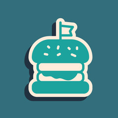 Green Burger icon isolated on green background. Hamburger icon. Cheeseburger sandwich sign. Fast food menu. Long shadow style. Vector