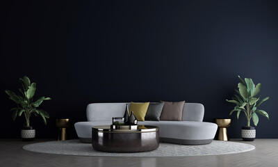 Fototapeta na wymiar Modern mock up interior decoration and living room design and dark blue wall texture background and grey sofa with gold side table, 3d rendering