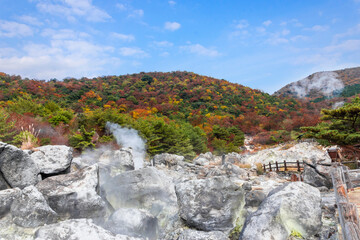 Naklejka premium Unzen Hell is a famous tourist destination within Unzen Hot Springs, chosen as the number one hot springs in Kyushu island.