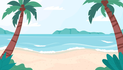 Summer beach landscape. Palm tree, mountains, sea and clouds. Vector illustration.