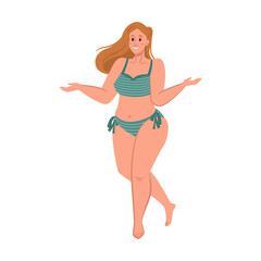 Happy plus size woman in bikini, body positive lady with long hair in swimsuit isolated flat cartoon. Vector overweight sexy smiling girl, pretty female in summer swimwear. Summertime holiday vacation