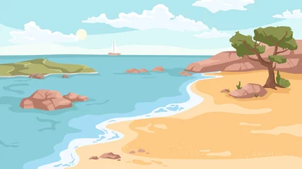 Fotobehang Seashore landscape background in flat cartoon. Vector sea beach with exotic green trees, rocky cliffs, ship yacht on horizon. Paradise island vacation at ocean. Nature scenery, sandy coast and rocks © Sensvector