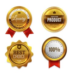 Badges gold seal quality labels. Sale and discount golden medals with red ribbon, luxury genuine and highest quality product badge, premium decoration stamp, round guarantee emblem, vector set