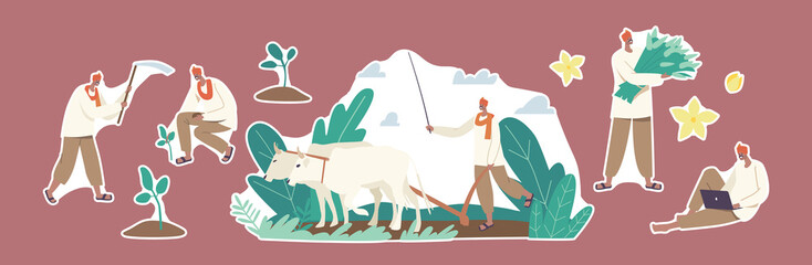 Set of Stickers Indian Farmers Characters Work. Rural Man Plowing Field by Cow and Hoe, Planting and Collect Harvest