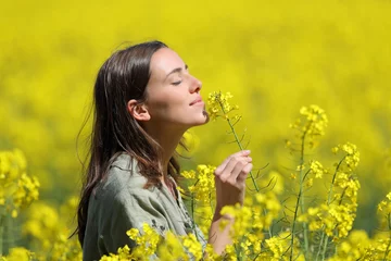 Poster Woman smelling flowers in a yellow field © PheelingsMedia