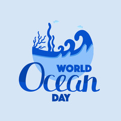 World Oceans Day. Banner holiday vector. Underwater world, fish, algae, octopus, corals.