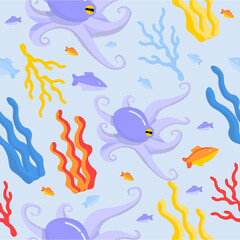 World Oceans Day. The vector pattern. Underwater world, fish, algae, octopus, corals.