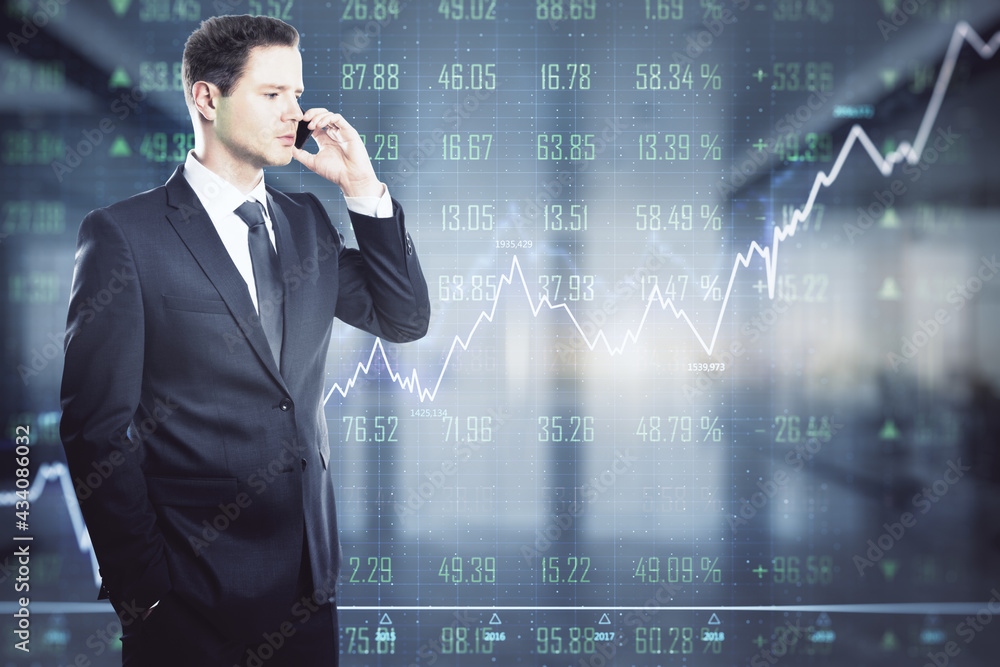 Poster stock market concept with trader talking to mobile phone on digital wall background with financial c